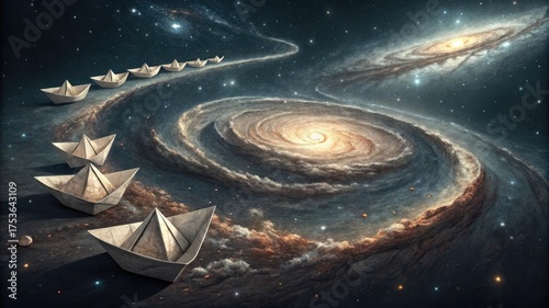 Dreamy journey paper boats sailing through the cosmos on galactic waves of imagination and wonder
