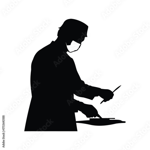 Silhouette of a surgeon wearing a mask performing surgery meticulously with instruments, surgeon operating silhouette vector illustration