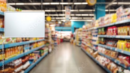Wallpaper Mural A grocery store aisle filled with various food products. Shelves display colorful packaging. A blank sign hangs above for promotions or advertisements. Torontodigital.ca