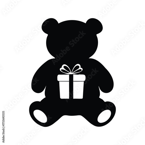 Black teddy bear silhouette holding a white present with a ribbon, teddy bear with gift box silhouette vector illustration