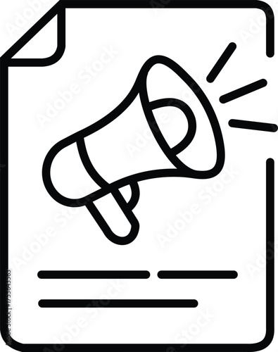 Megaphone on a document line icon, simple black vector symbol for digital marketing, promotion