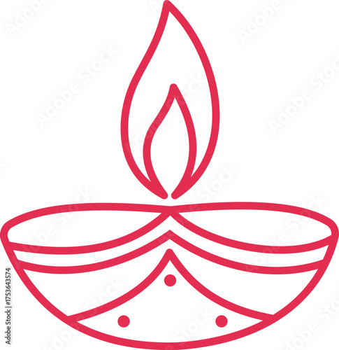 Minimalist Diya oil lamp line icon with a lit flame