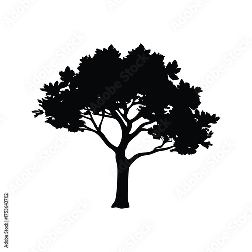 A majestic full tree with broad canopy rendered in stark silhouette, tree silhouette vector illustration