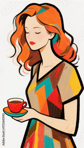 An illustration in the technique of drawing with felt-tip pens and paints of a bright multicolored portrait of a woman holding a cup of coffee in her hands. Vector graphics. EPS.
