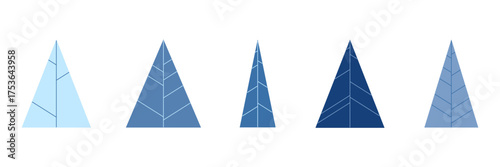 Geometric blue abstract Christmas trees, set of icons, vector, flat design. A festive New Year's graphic element for decoration, posters, postcards. The symbol of Christmas in trendy shades