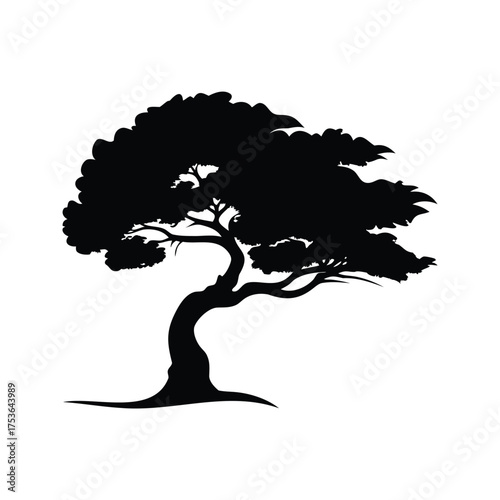 Elegant silhouette of a sprawling tree with unique branch structure against white background, tree swaying in wind silhouette vector illustration