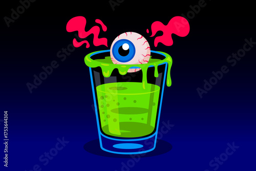 Halloween cocktail drink. Halloween toxic cocktail with Eyeball. Halloween symbol drink for sticker, logo, poster, banner, card, clipart. Spooky Cocktail Illustration for festive party celebration