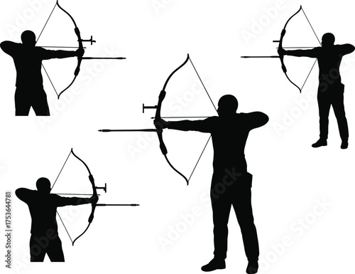 Archery silhouettes, archer stance, bow and arrow, athlete motion, target sport, precision aim, shooting pose, Olympic training, vector design