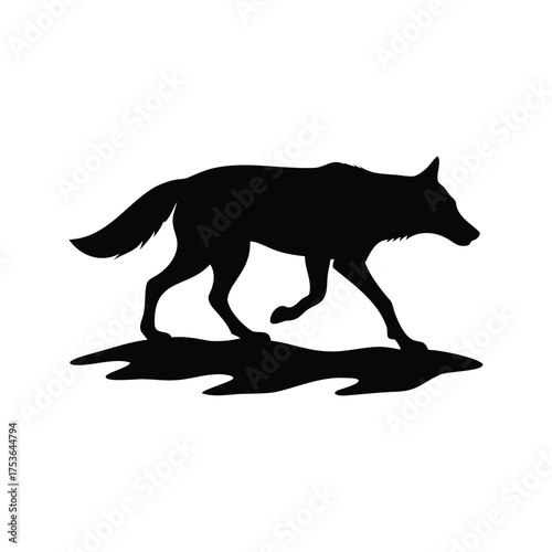 Black Silhouette of a Majestic Wolf Walking with a Shadow on White, wolf crossing stream silhouette vector illustration