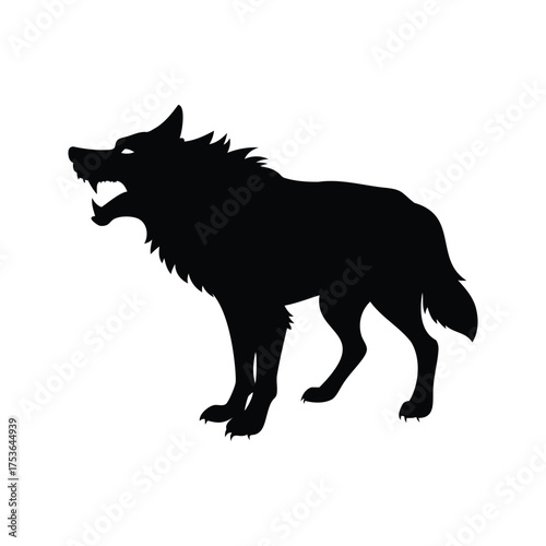 Black Silhouette of a Howling Wolf with Sharp Teeth and Fur, wolf growling silhouette vector illustration