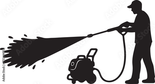 Silhouette of a person using a power washer for cleaning tasks