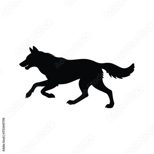 Running Wolf Silhouette on a White Background, Animal in Motion Design, wolf running silhouette vector illustration