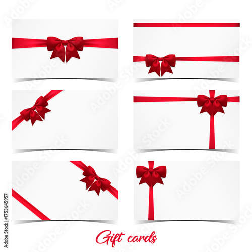 Gift card design collection with red bow. Set for gift certificate, voucher, shopping card.
