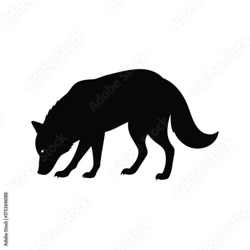 A sleek black wolf silhouette intently sniffing the ground, nature's hunter in action, wolf sniffing ground silhouette vector illustration