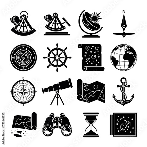 Collection of vintage nautical and astronomical navigation tools and symbols in a silhouette style isolated on white background