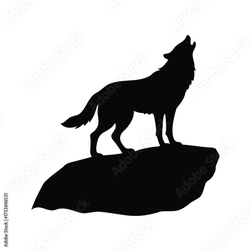Silhouette of a howling wolf standing on a rock against a white background, wolf standing on cliff silhouette vector illustration