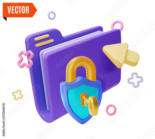 3d Color Folder Interface Element and Padlock Data Security Concept Cartoon Design Style Concept. Vector illustration