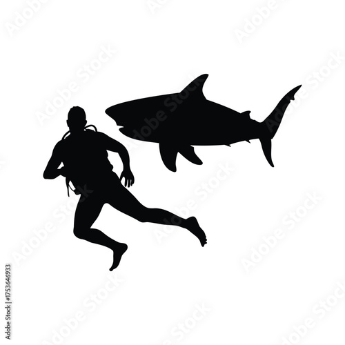 Silhouette of a Scuba Diver Swimming Away From a Shark Underwater Scene, shark swimming past diver silhouette vector illustration