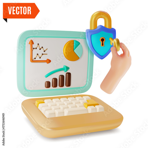 3d Hand with Padlock and Laptop with Financial Charts Data Security Protection Concept Cartoon Design Style. Vector illustration