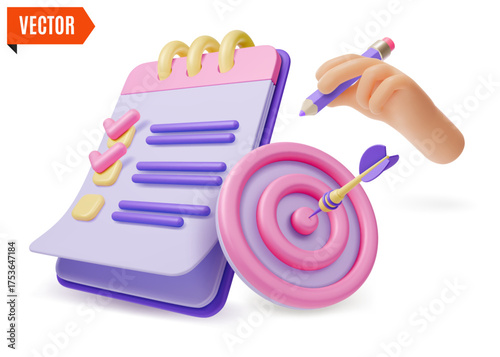 3d Target Goal, Checklist on Clipboard and Human Hand Holding Pen Concept Cartoon Design Style. Vector illustration