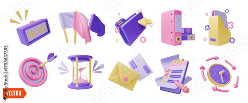 3d Productivity Concept Icon Set Cartoon Design Style Include of Digital Alarm Clock, File Holder Binder Folder with Documents, Target Goal and Hourglass . Vector illustration