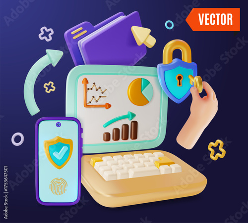 3d Unlock Your Security Concept Background Cartoon Design Style. Vector illustration of Laptop and Smartphone Lock Folder