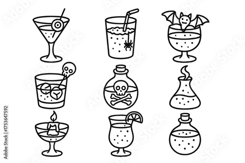 Creative illustrations of Halloween-themed drinks and cocktails for festive celebrations and parties