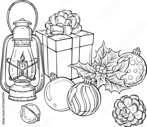 Festive Christmas or New Year composition with gift box, tree balls, holly leaves, candle lantern. For holiday card, poster. Vector illustration in hand drawn sketch style. Line art isolated on white
