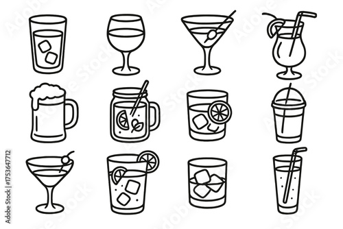 Various drink illustrations featuring cocktails, beer, and soft drinks in a creative style