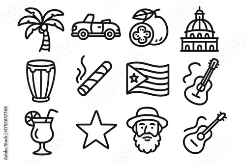 Cuban culture and symbols depicted in a vibrant illustration showcasing local music, food, and landmarks