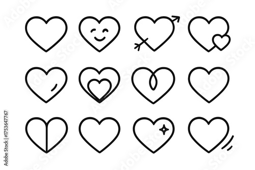 Different styles of heart icons in a grid arrangement showcasing various emotions and designs