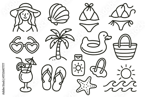 Fun summer doodles featuring beach essentials and activities for a sunny day