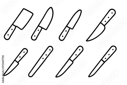 Different types of kitchen knives arranged in a neat pattern for culinary use and illustration