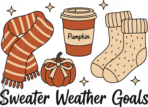 High-Quality Vector Illustration of Cozy Fall Essentials Set with Scarf, Pumpkin, Coffee Mug and Socks | Hand-Drawn Style Autumn Clipart Graphic for T-Shirt Design and Crafts