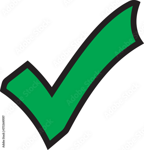 Bold green check mark icon with a black outline signifying approval, success, or positive confirmation for business, marketing, or education projects
