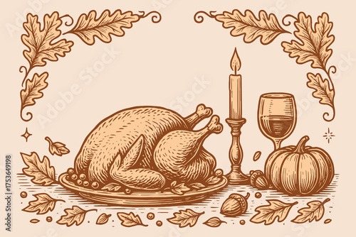 Thanksgiving turkey dinner engraved vintage vector illustration