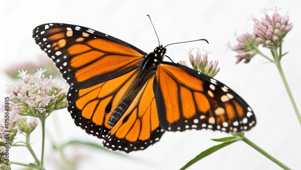 Fototapeta premium Realistic Monarch Butterfly with vibrant orange wings, black veins, and white spots, perched on a flower, isolated on clean white studio background, detailed insect portrait, sharp focus, professional