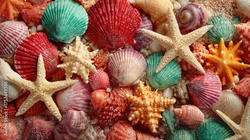 Colorful seashells and starfish arrangement close up for design concepts