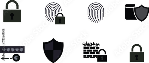 Cybersecurity icons, data protection, fingerprint scan, firewall, password security, shield symbol, secure folder, padlock, antivirus, flat vector illustration