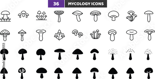 Mycology and Mushroom Icons Set - Fungi Science and Nature Vector Collection