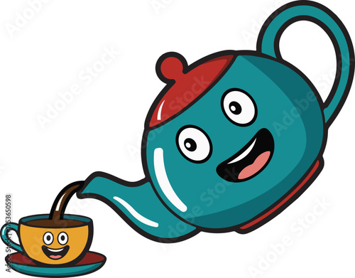 Funny cartoon coffee cup and tea pot on transparent background