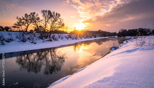 A serene winter landscape. A river reflects the golden hues of the setting sun. Snow blankets the banks, and trees stand silhouetted against the sky