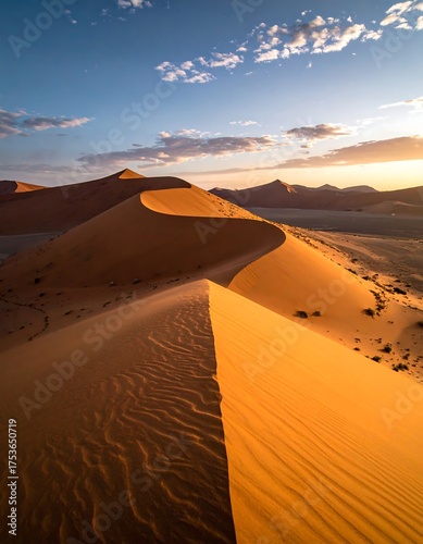 Fototapeta Naklejka Na Ścianę i Meble -  Sunlit sand dunes under a blue sky, with hints of sunset glow