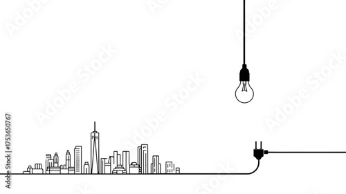 Line art city skyline, light bulb, and power plug. Urban energy, electricity, and ideas concept illustration.