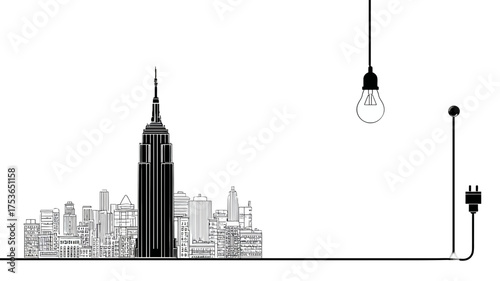 Urban energy concept illustration: minimalist city skyline with prominent high-rise building, light bulb, and electric plug on white.
