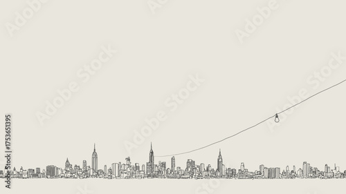 Minimalist hand-drawn city skyline illustration with modern skyscrapers and a light bulb, symbolizing urban innovation and creative ideas.