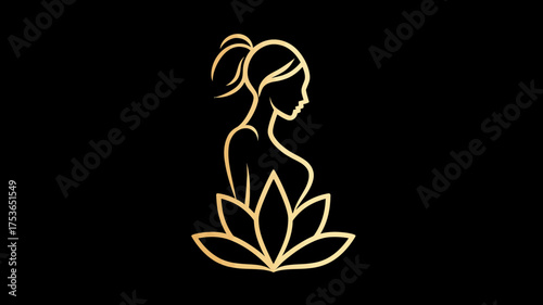 Elegant golden outline of a woman in profile meditating on a lotus flower, symbolizing wellness, beauty, and spiritual peace on a black background.