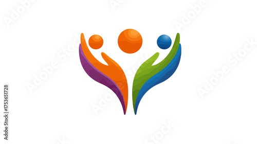 Vibrant abstract graphic of three colorful stylized human figures or hands reaching up, symbolizing unity, community, support, and success.