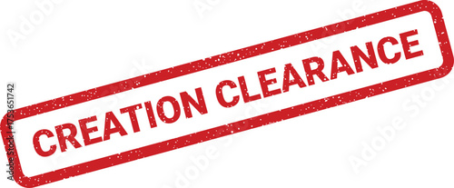 Red distressed rubber stamp impression displaying the words creation clearance for promotional sales events