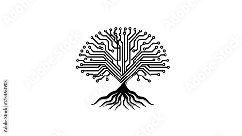 Circuit board tree graphic, digital roots and branches, technology growth, AI, neural networks, organic computing concept
